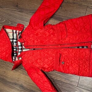 Burberry Red Quilted Kids Hooded Coat with Signature Check Lining